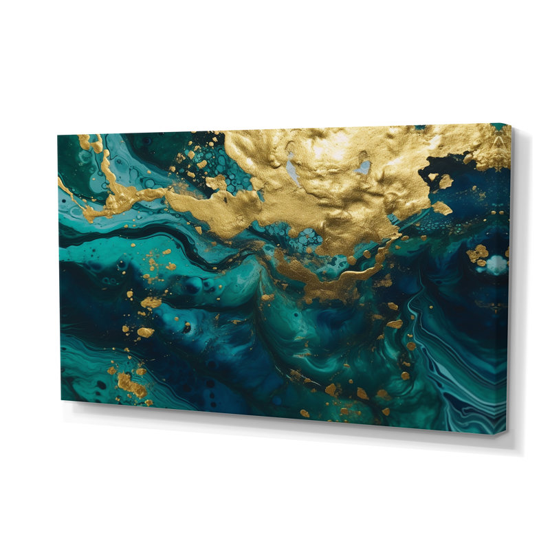 Grand art abstrait bleu sarcelle et or liquide I