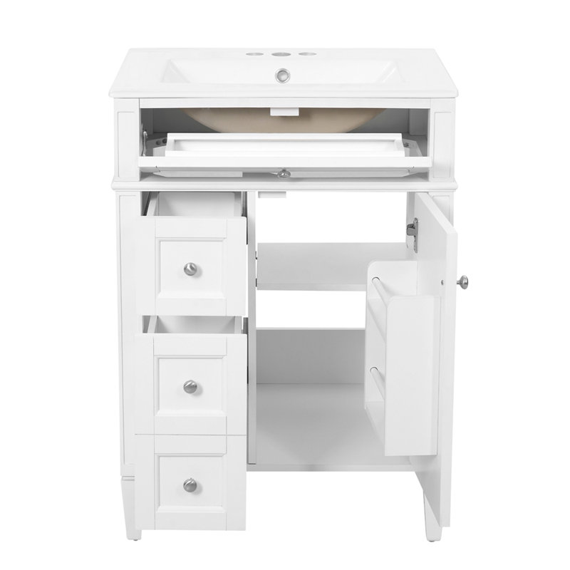Meuble-lavabo 24 po avec lavabo supérieur, armoire de rangement moderne avec 2 tiroirs et un tiroir basculant, Blanc