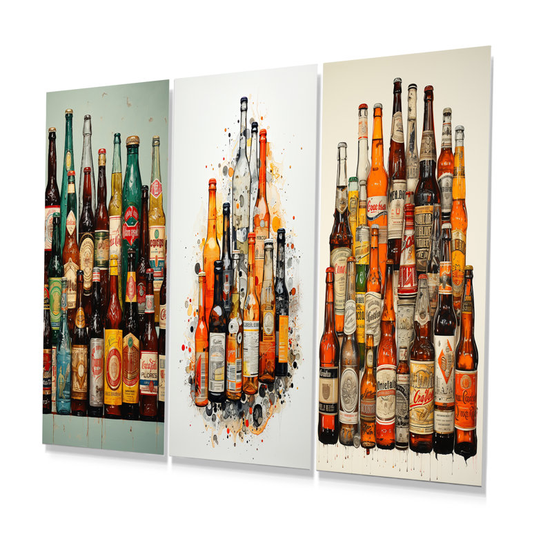 «Beer Bottles Collage - Beer», ensemble de 3 reproductions d'art en métal, H 32 po x l 48 po