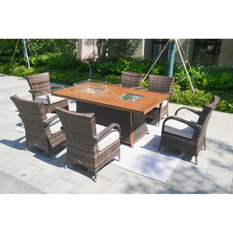 Moda 70 In. X 39 In. X 27 In. Rectangular Wicker Outdoor Gas Fire Pits Table With 6-Chairs, Brown