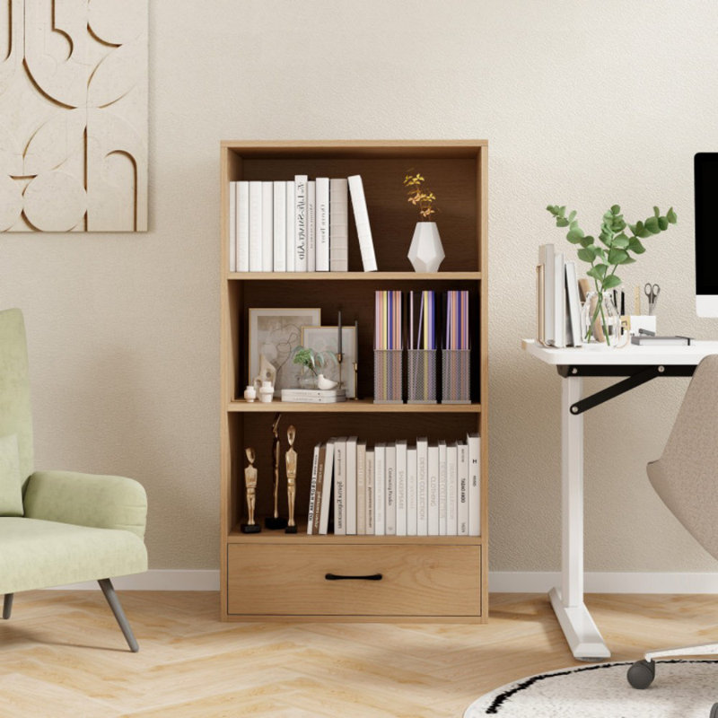 Bibliothèque à 4 niveaux avec tiroir à tablettes ouvertes et dispositif anti-basculement, Naturel