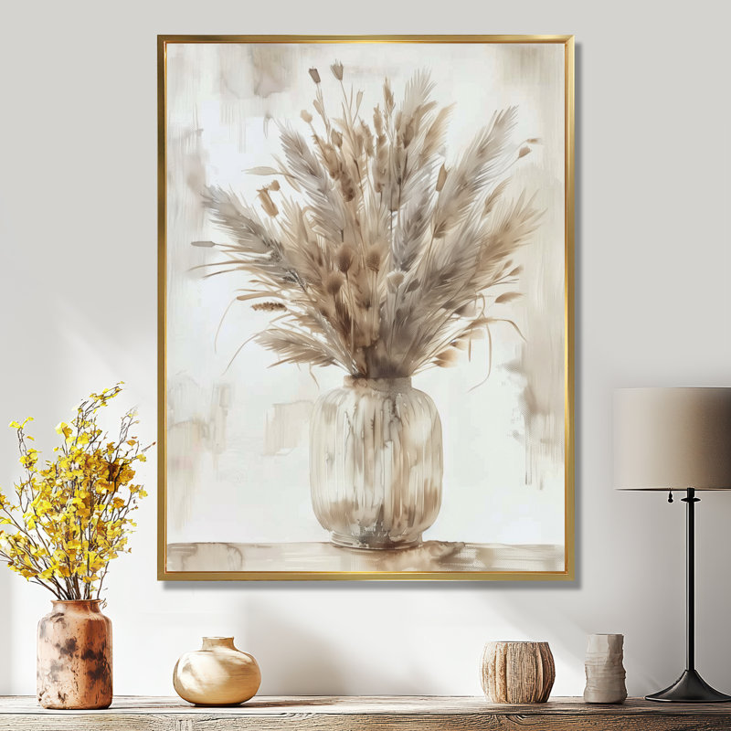 Beige blanc Boho Plant Chic I - Boho Feather Wall Art Living Room, Cadre flottant doré, H 34 po x l 44 po