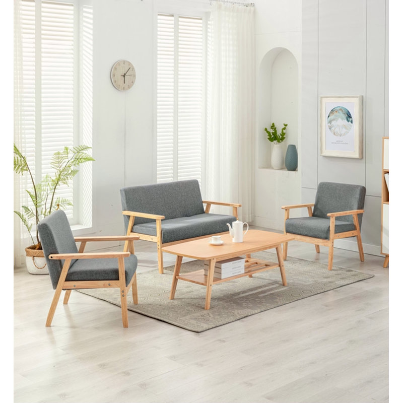 Ensemble de causeuse et 2 chaises Bahamas, structure en bois massif durable pour un élégant salon, Gris, Brun