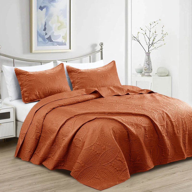 3 Piece Bedspread Set - Reversible Quilt Set - Lightweight Microfiber Coverlet for Queen King Twin, Rust