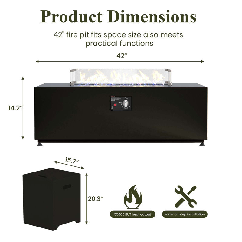LayinSun 42" Rectangle Aluminum Propane Gas Smokeless Fire Pit Table with Hidden Fuel Tank, Black