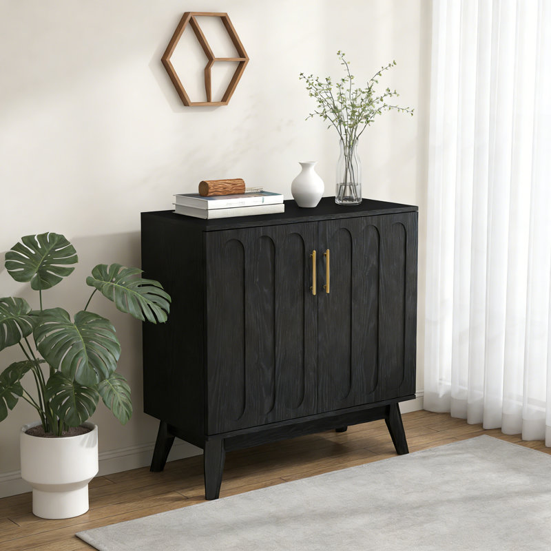 Mid Century Modern Walnut Fluted Sideboard Cabinet, Buffet Storage With Adjustable Shelves & Solid Wood Legs For Multiple Rooms