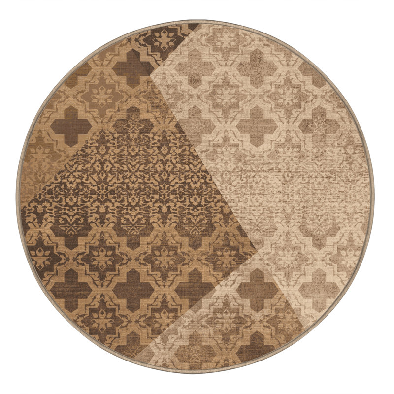Machine Washable Penola Global Inspired Moroccan Rug in Brown – Beige Binding, 4' Round