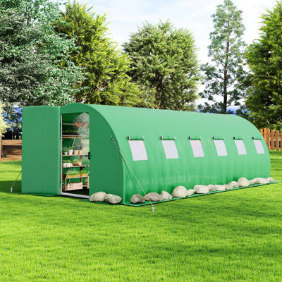  20×10 FT Tunnel Greenhouse with Built-in Sprinkler System, Walk-in Greenhouse for Backyard Gardening, Heavy Duty Galvanized Steel Frame & Waterproof PE Cover, Green