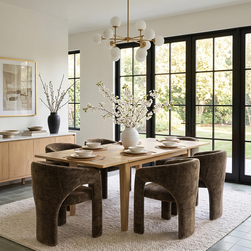 Ensemble de table et de chaises de salle à manger extensibles en placage de bois pour 6 personnes avec fauteuils en chenille