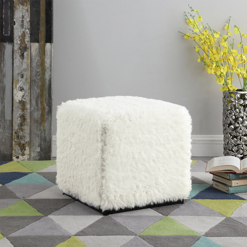 Ameenah Velvet Ottoman, White, Faux Fur
