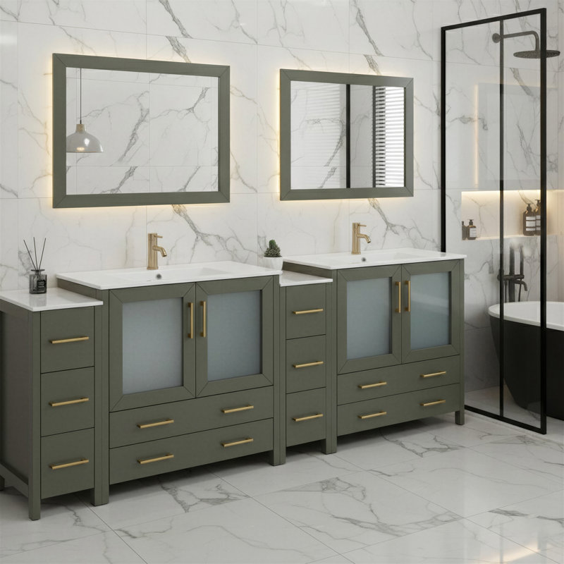  96" Double Bathroom Vanity Set with Mirror, Vintage Green