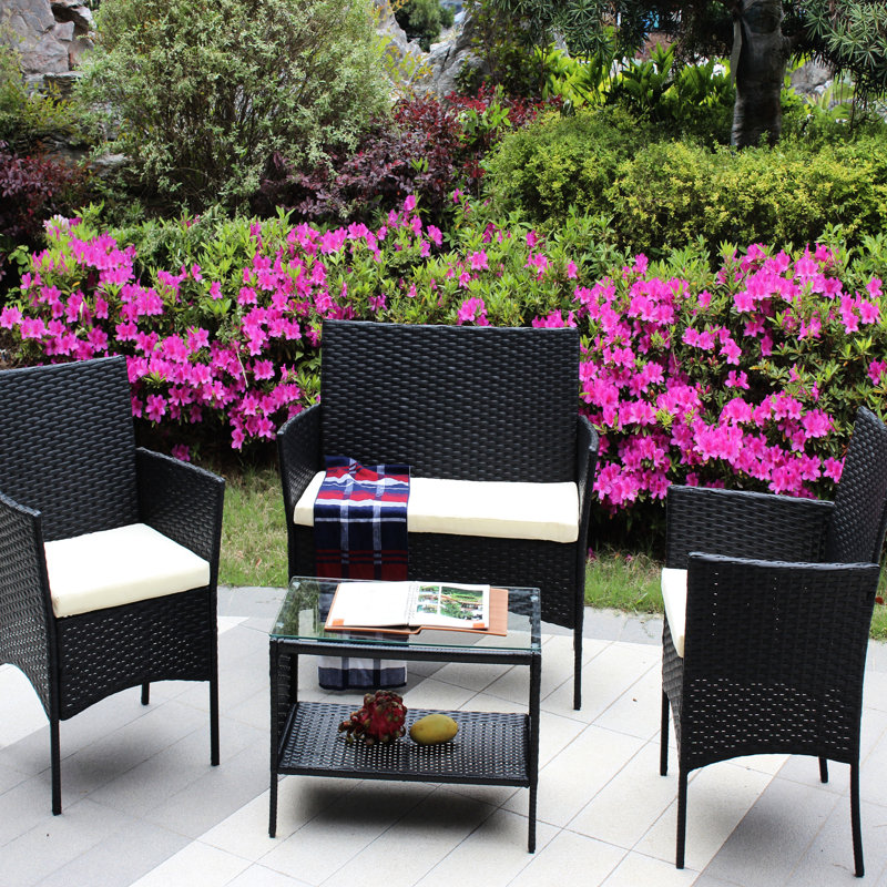 Ensemble de 4 pièces pour l'extérieur - avec coussins attrayants, coussins de patio en PC, 2 fauteuils, tasse en verre trempé pour garder vos boissons au chaud à l'extérieur