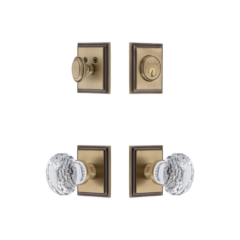 Carre Square Rosette Complete Entry Set with Single Cylinder Deadbolt and Brilliant Crystal Knob, Vintage Brass, 2.375"