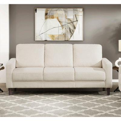 Velours côtelé beige, rembourré, contemporain, 3 sièges, rembourrage en mousse haute densité, sièges rembourrés, pieds exposés, espace de vie moderne, assise, structure en bois de velours côtelé et contreplaqué, dossier, faux brun