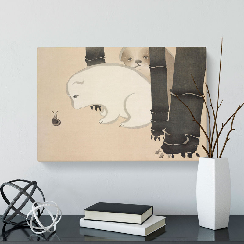 Puppies And A Snail by Kamisaka Sekka - Wrapped Canvas Painting, 35cm H x 50cm W x 3cm D