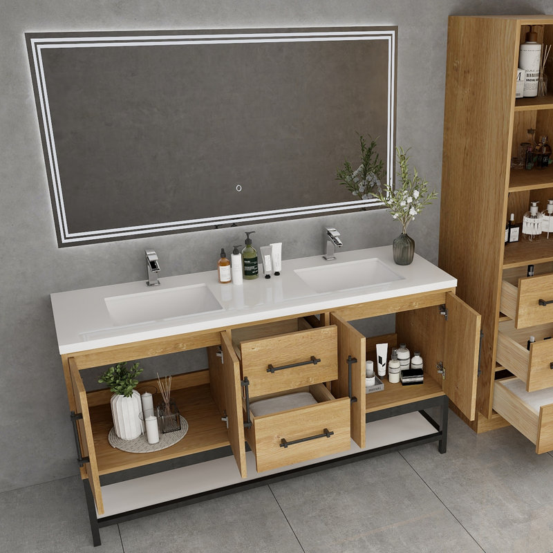 Meuble-lavabo mural 60 po avec support double en acrylique renforcé Victoria, Chêne