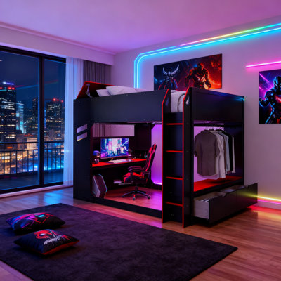 Full-Size Gaming Loft Bed with Adjustable Desk,RGB Lights,Storage Headboard,Drawers & Wardrobe