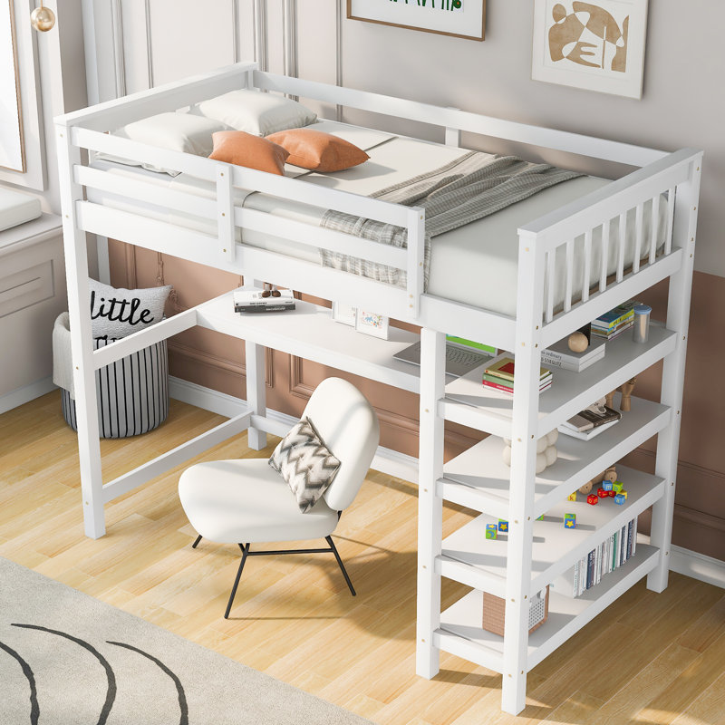 Twin Loft Bed With Desk & Shelves, Twin, White