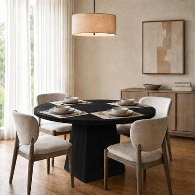 Contemporary 47 Inch Round Dining Table for 4-6 – Thick 1.18" Top, Square Pedestal Base – Space-Saving for Apartment, Farmhouse – Easy Assembly – Black Embossed