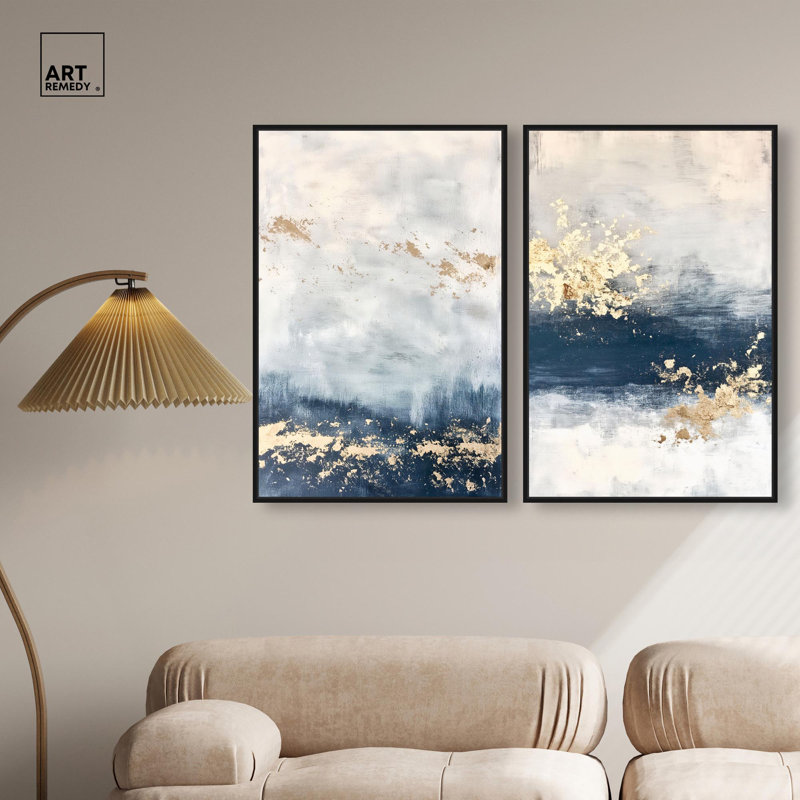 «Gilded Coastal Calm Blue Art», ensemble de 2 impressions sur toile par , H 31 po x l 21 po, Noir