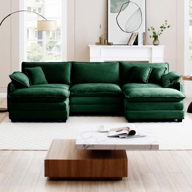 Oversized Modular Cushioned Sofa With Conversible Ottoman, Green