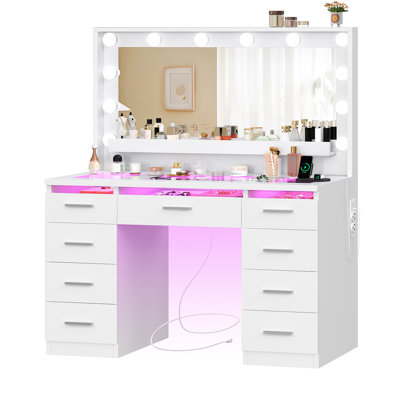 Makeup Vanity Table With Adjustable Lighting, Makeup Vanity Desk with See-through Desktop, Power Outlet, White