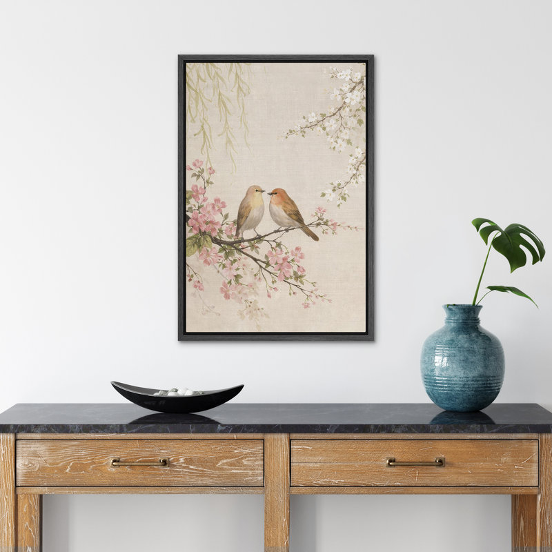 "Romantique paire d'oiseaux sur une branche de cerisier en fleurs", reproduction d'art sur toile encadrée, H 24 po x l 16 po