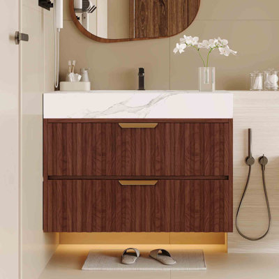  Abra 29.9" Floating Bathroom Vanity with Sintered Stone Top & Ceramic Sink, Modern Wall Mounted Vanity with 2 Soft Close Drawers, Narrow Depth for Small Bathroom