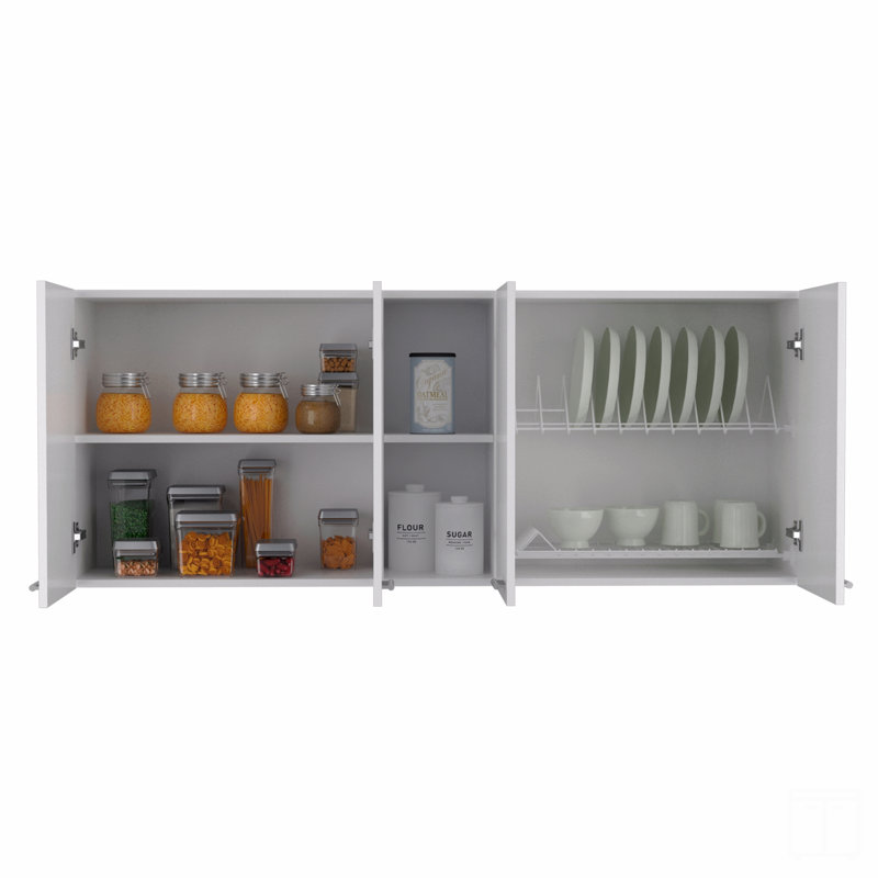 Wall Cabinet 24" H, Four Doors, Two Open Storage Shelves, Two Internal Shelves, Internal Dish And Glass Organizer, White