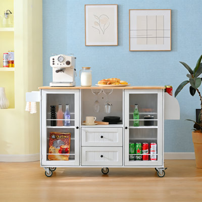 Chariot d'îlot de cuisine mobile avec plateau Dropleaf, tiroirs de rangement, armoire et étagères à épices pour une cuisson et un service flexibles.