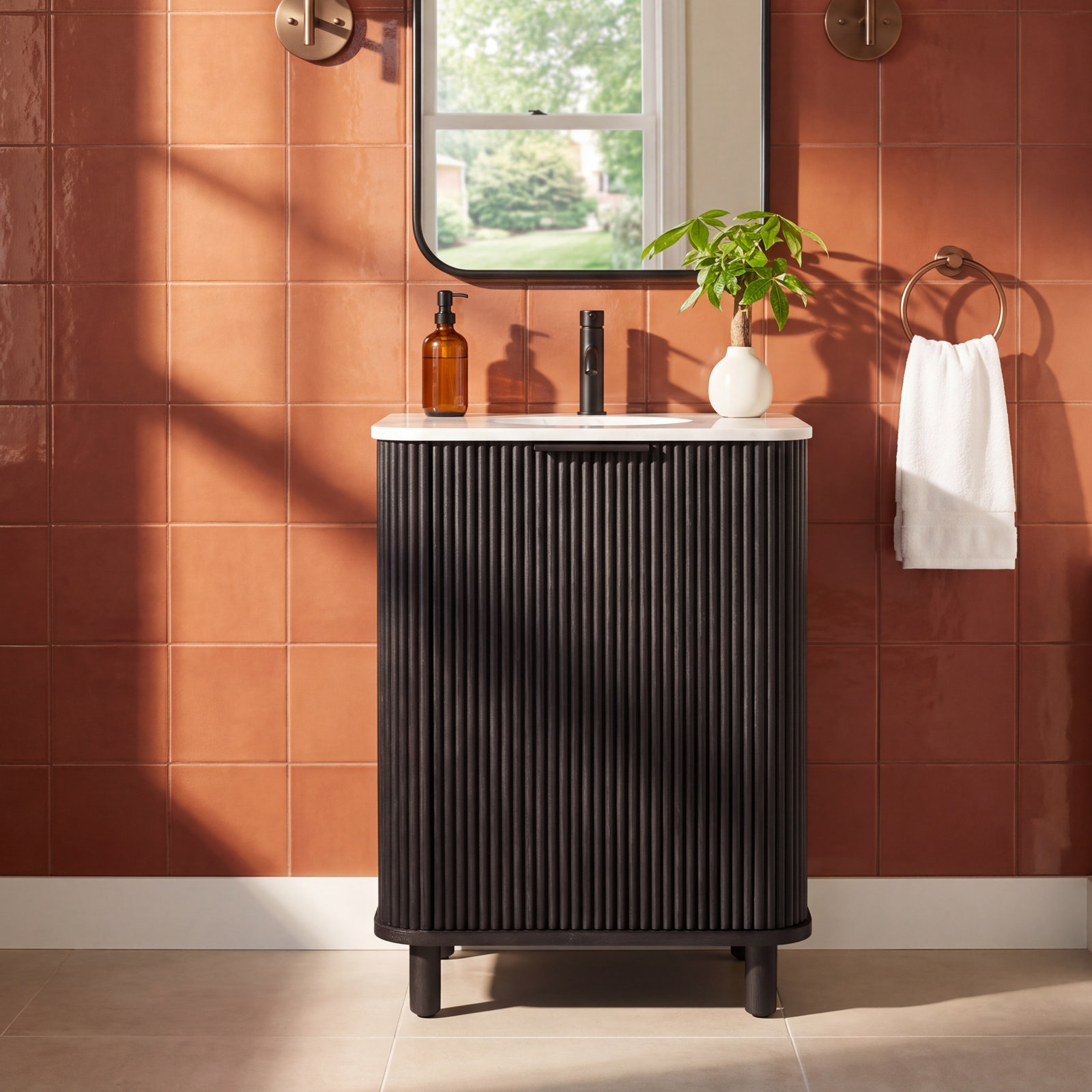 Nova 24" Carrara Marble Single Bathroom Vanity, Black Reeded