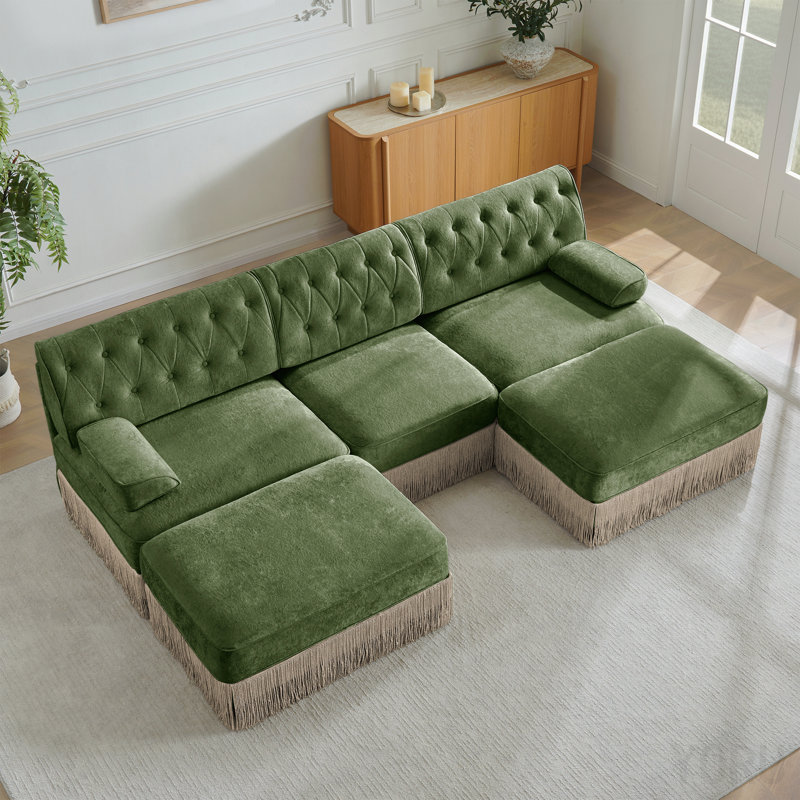 Canapé Chesterfield en U en velours, jupe à pampille, modulaire, capitonné - vert