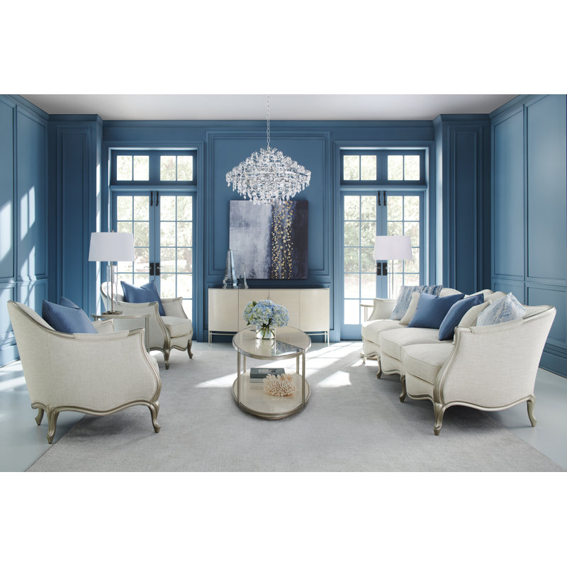 Beige and Silver Oval Wood and Metal Coffee Table