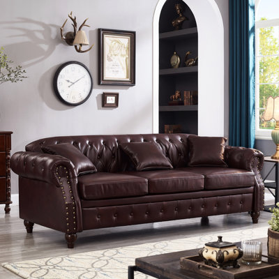 85.8" Classic , Faux Leather Pu Upholstery, Solid Wood Base With Storage, Burgundy Color, 3 Seating, Simple Assembly Required Style Living Room Fabric, Frame And Legs, Storage Area, Burgundy, 3,