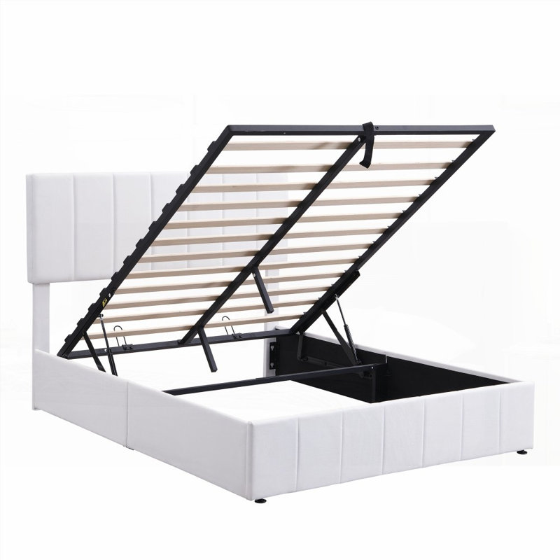Lit plateforme double rembourré avec rangement hydraulique - Robuste Aucun sommier tapissier requis, Lit double, Blanc