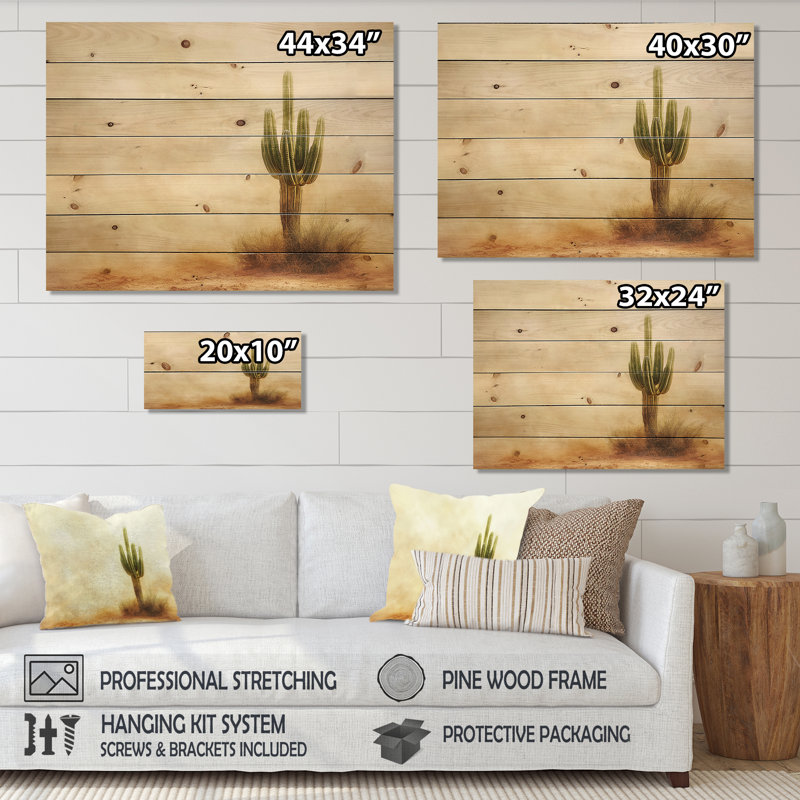 Cactus Sandstorm I - Floral Cactus Wood Print - On Natural Pine Wood, 24" H x 32" W x 0.78" D