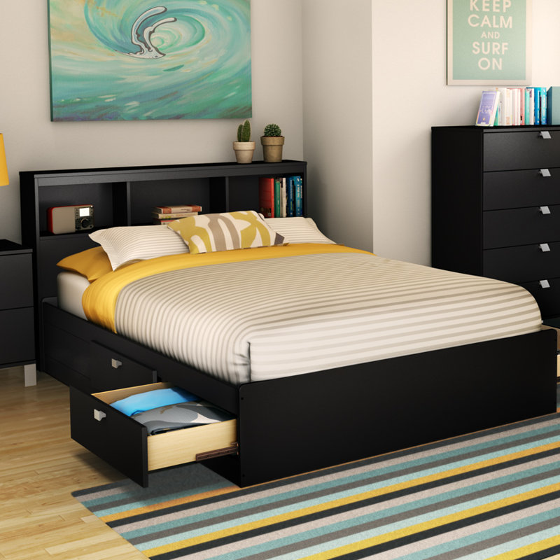 Pure Black Twin Wood Frame Captain's Bed with 3 Drawers