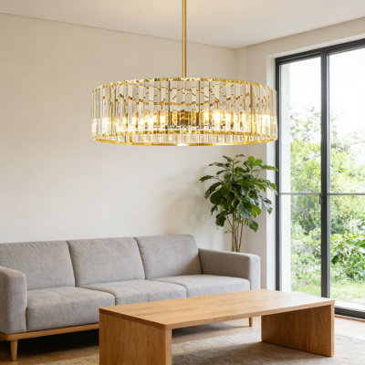 Modern Gold Crystal Chandelier With Adjustable Height, 6-Light Semi Flush Mount Ceiling Fixture For Dining Room, Kitchen, Living Room, And Bedroom