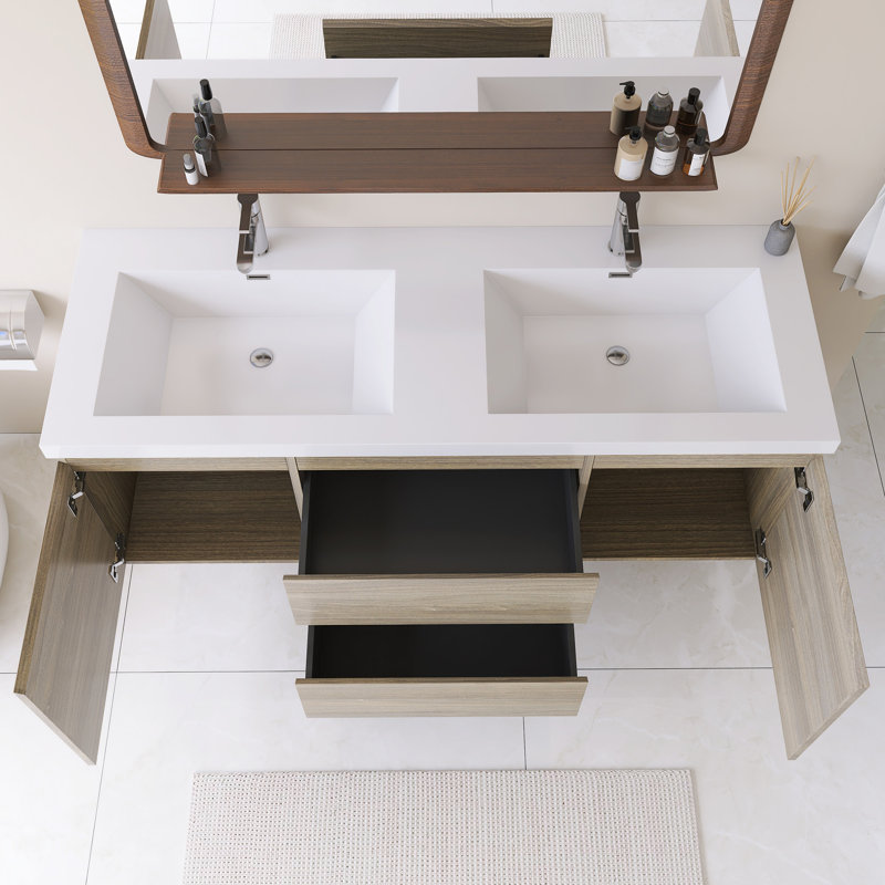 Meuble-lavabo mural simple avec plateau en résine intégré blanc, Gris