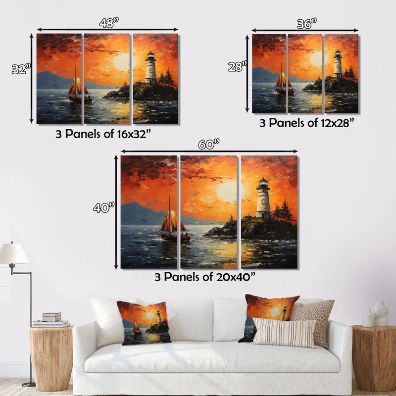 Phare guidé du pointillisme I sur toile, 3 pièces, H 28 po x l 36 po x P 1 po