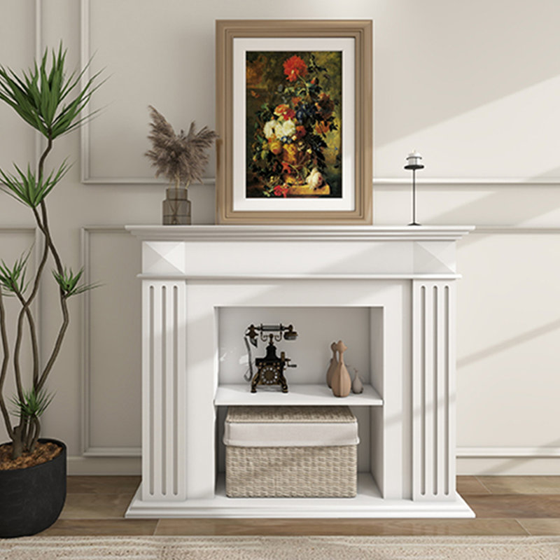 Beige Solid Wood Freestanding Fireplace, 39.37" H x 39.37" W x 11.81" D