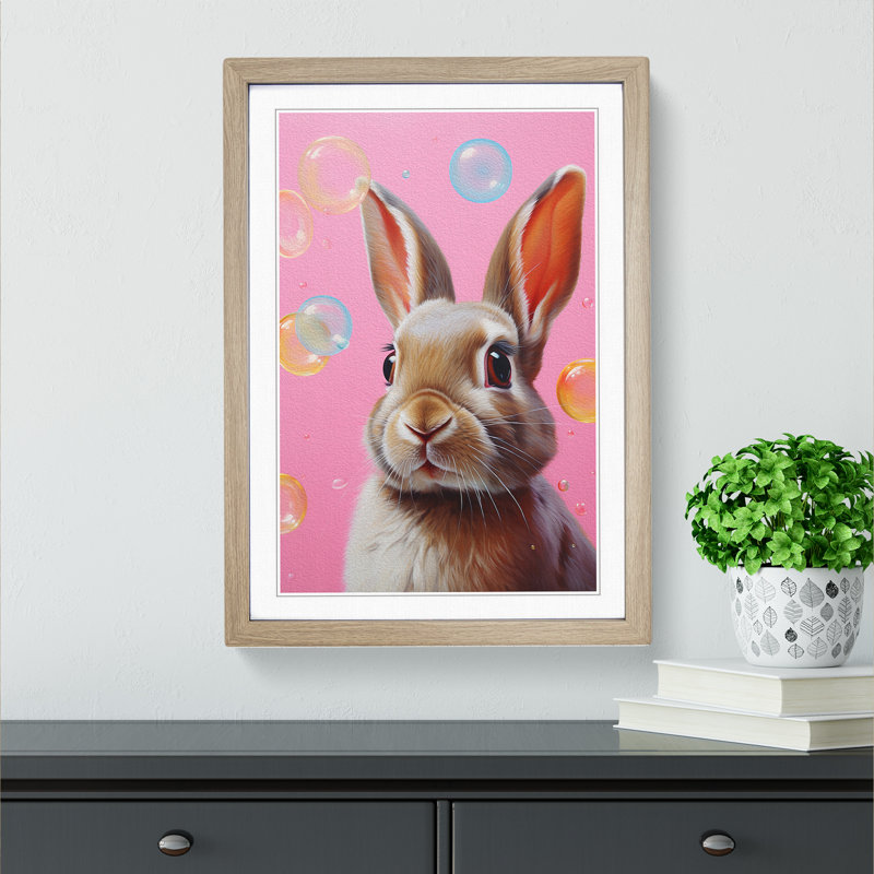 Rabbit Bubble Gum Painting No.2 - Single Picture Frame Print on Wood, 46cm H x 34cm W x 2cm D, Oak