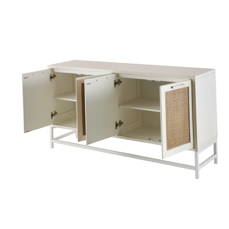 Wooden 4 Door White Media Credenza Sideboard With Brown Woven Rattan Doors And Metal Base