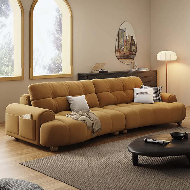 Canapé de salon français de style crème simple, Brown Polyester Fibre