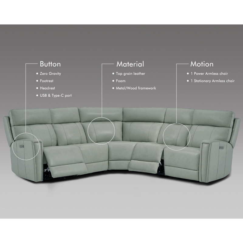 Fauteuil modulaire inclinable électrique en L Emlin, Cuir véritable vert, Bouton poussoir d'alimentation