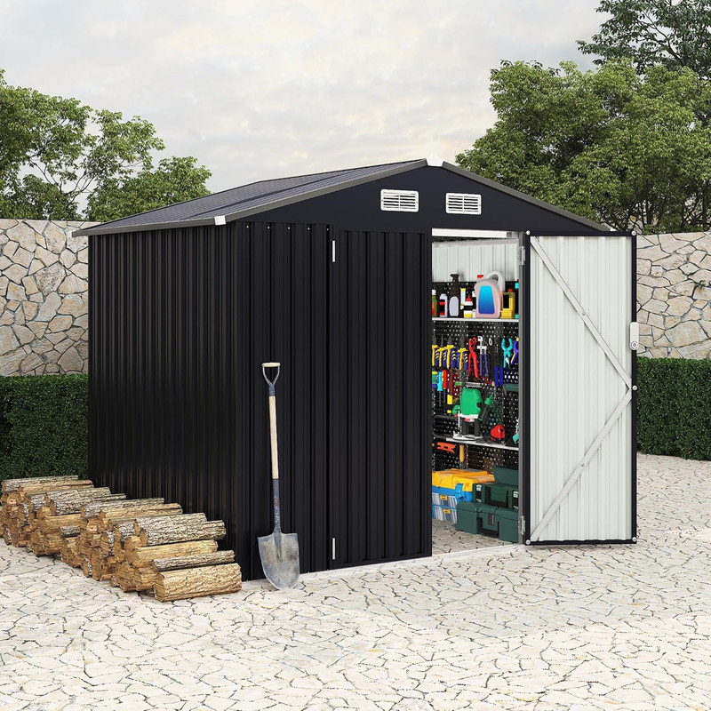 6x8 FT Metal Storage Shed Outdoor with Lockable Door & Air Vent, Garden Tool Shed for Backyard Patio Lawn, Gray