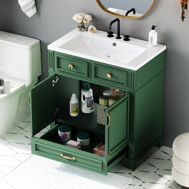Meuble-lavabo de salle de bain avec lavabo en résine - structure en bois massif, motif rainuré unique, construction intérieure moderne spacieuse, charnières, design exquis