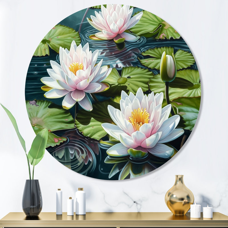 «Pink Elegant Lily Pad - Leaves», art mural rond en métal, H 36 po x l 36 po x P 1 po