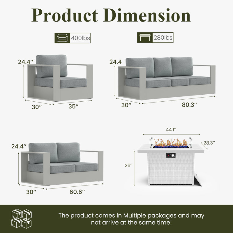Ensemble de conversation moderne en aluminium 5 pièces avec foyer, Grey Cushion/White Frame