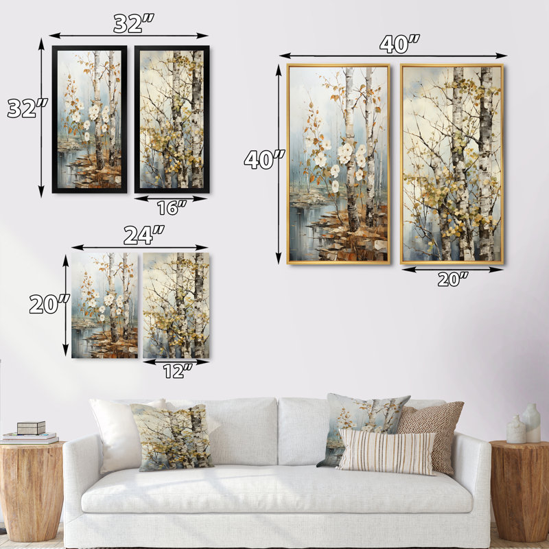 2 pièces sur toile - Symphonie sycomore arbre gris blanc, Toile tendue, H 40 po x l 40 po